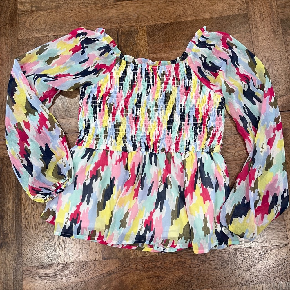 Girls Multicolor Smocked Blouse Sheer Sleeves Boho Chic by Pepe Jeans London